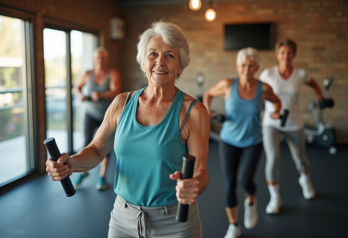 Активни възрастни хора правят упражнения в парк