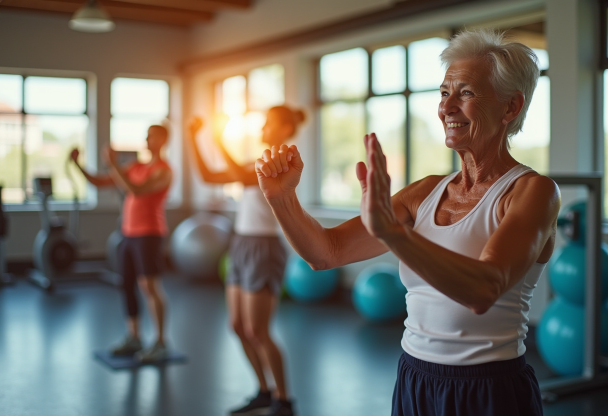 Активни възрастни хора се упражняват на открито